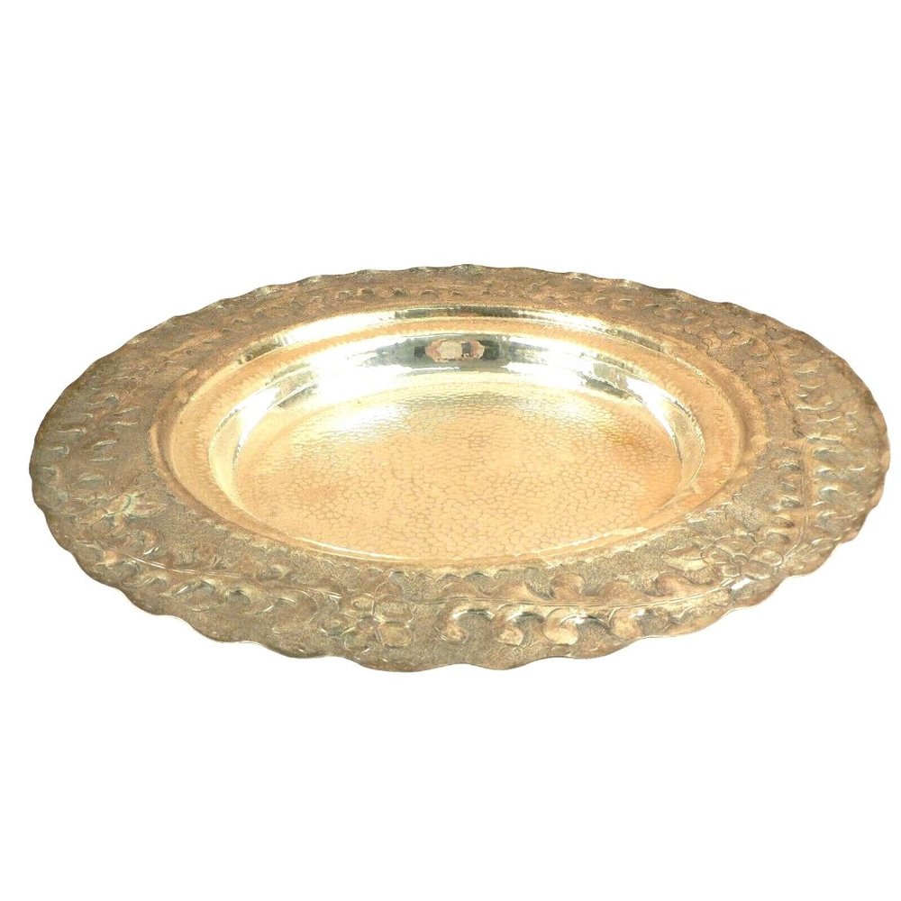 Round Serving Tray Silver Plated Footed Hammered Texture Finish 2 Recessed Areas